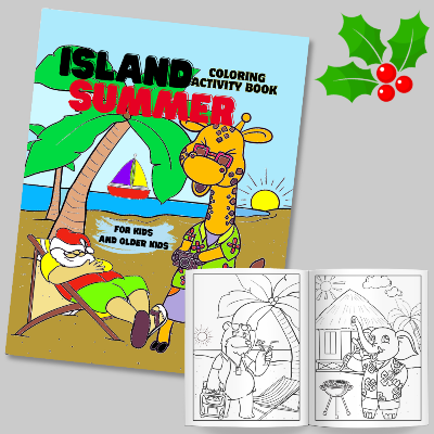Island Summer Coloring Activity, Tropical Santa and Cute Animals Celebrating Christmas in Hawaii